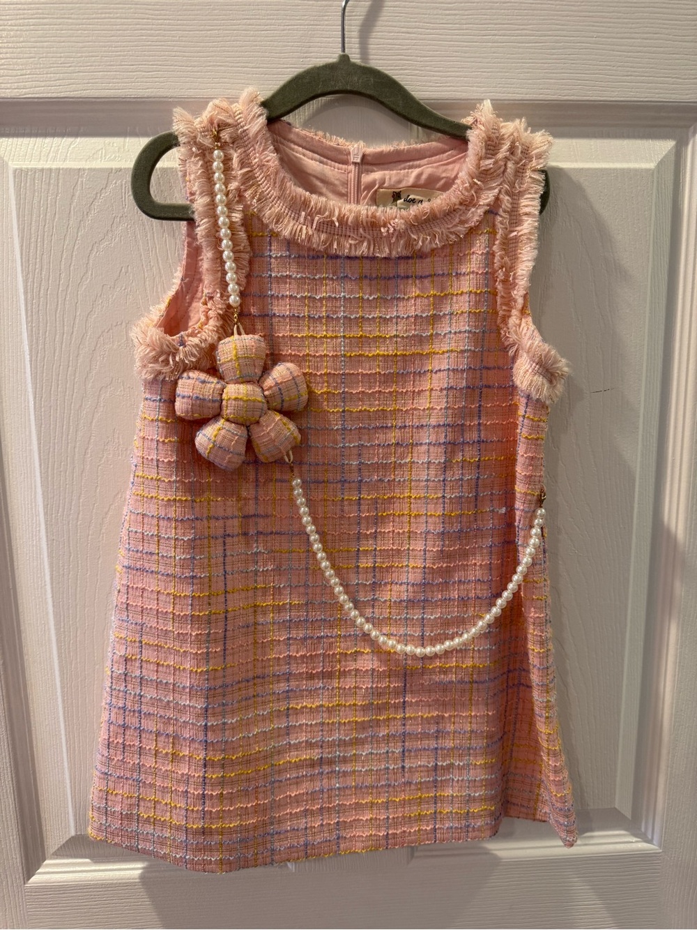 Girls' Pink Tweed Floral Pendant Dress